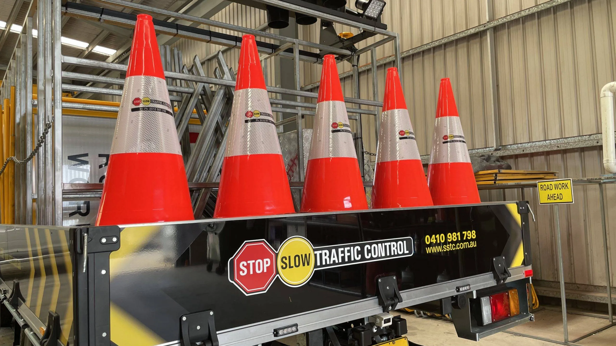 Cones loaded on an SSTC truck with the company logo