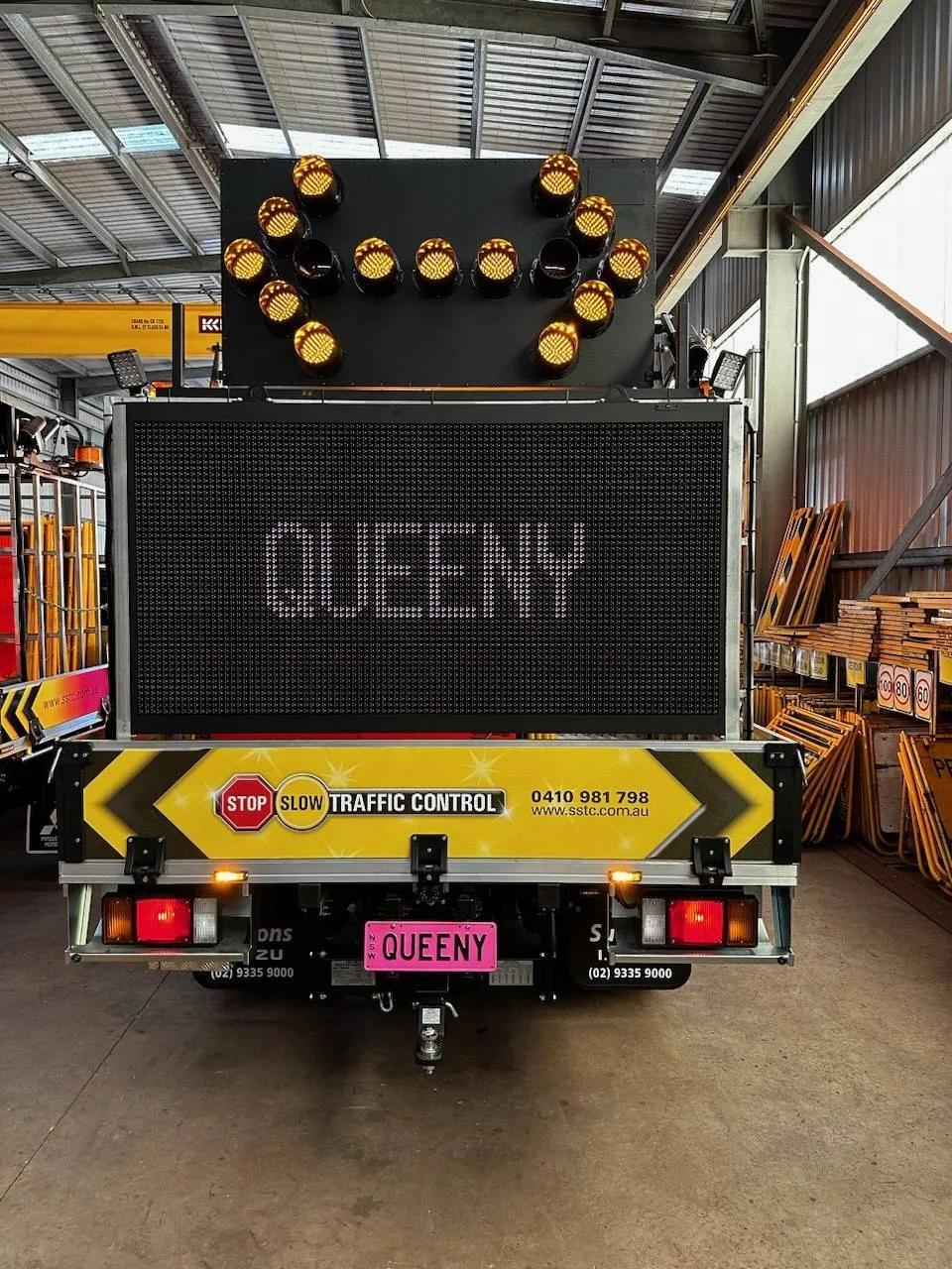 A variable message board on an SSTC truck in the depot